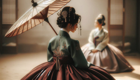 Beautiful young woman posing gracefully in traditional Korean hanbok decorated with delicate embroideryの素材