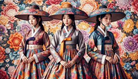 Beautiful young woman posing gracefully in traditional Korean hanbok decorated with delicate embroideryの素材
