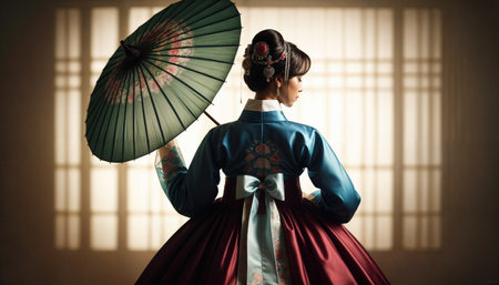 Beautiful young woman posing gracefully in traditional Korean hanbok decorated with delicate embroideryの素材
