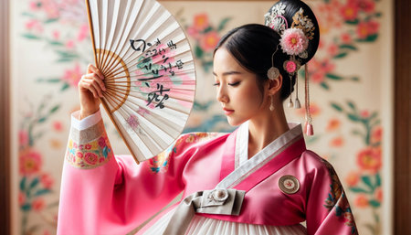 Beautiful young woman posing gracefully in traditional Korean hanbok decorated with delicate embroideryの素材