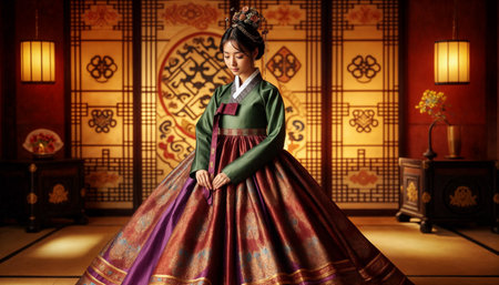 Beautiful young woman posing gracefully in traditional Korean hanbok decorated with delicate embroideryの素材