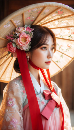 Beautiful young woman posing gracefully in traditional Korean hanbok decorated with delicate embroideryの素材