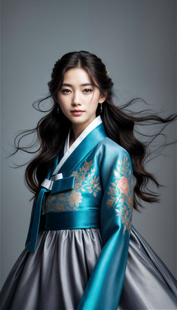 Beautiful young woman posing gracefully in traditional Korean hanbok decorated with delicate embroideryの素材