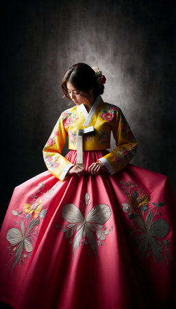 Beautiful young woman posing gracefully in traditional Korean hanbok decorated with delicate embroideryの素材