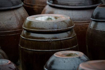 Close up of Korean pottery fermentation jars used for traditional food storage and cultural heritage preservation.の写真素材