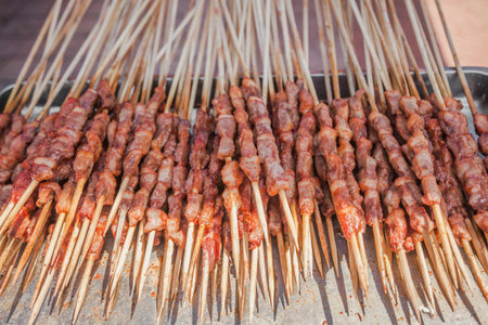 Lamb shashlik on the bamboo stickの写真素材