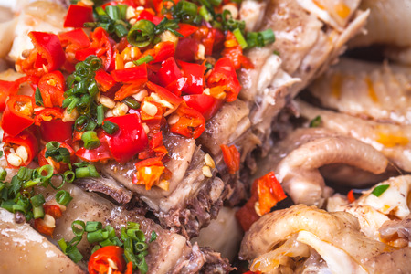 Sliced cold chicken with chili sauce, a popular chinese dishの写真素材