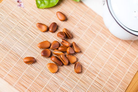 pine seeds on the bamboo matの写真素材