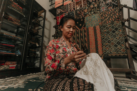 Asian woman is making Batik. Batik is a typical Indonesian handicraftの写真素材