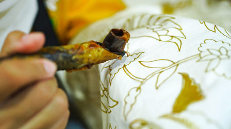 Asian women learn to make batik wearing jilbab and analog camera