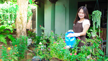 Asian woman taking care watering flower at home gardenの写真素材