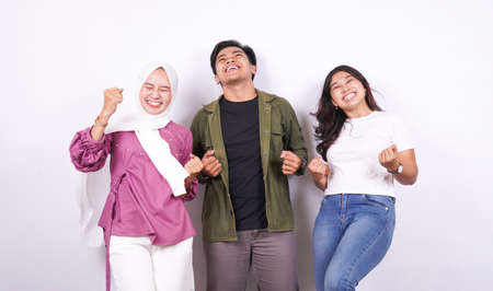 group of people celebrate success isolated white backgroundの写真素材