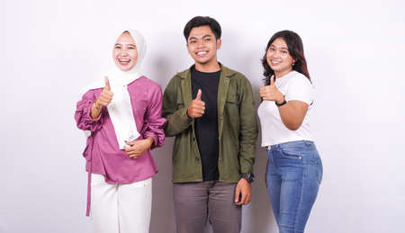 group of people thumbs up isolated white backgroundの写真素材