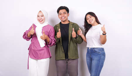 group of people thumbs up isolated white backgroundの写真素材
