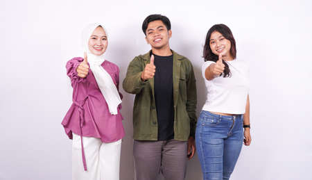 group of people thumbs up isolated white backgroundの写真素材