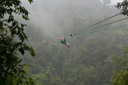 woman ziplining over the tropical treesの写真素材