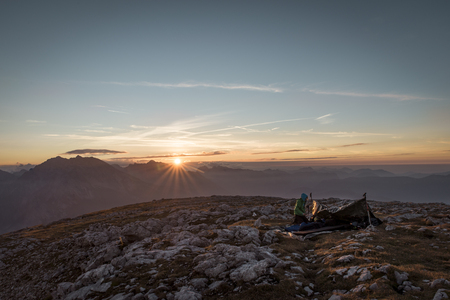 woman camping on the mountain (Hohes Brett)の写真素材