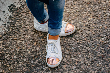 woman in white and pink summer shoesの写真素材