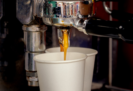 coffee machine making cappuccino at outdoor cafeの写真素材