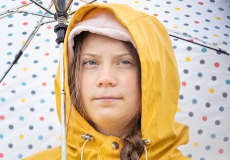 Stockholm, Sweden. 5 July, 2019. 16-year-old Swedish climate activist Greta Thunberg demonstrating in Stockholm on Fridays.のeditorial素材