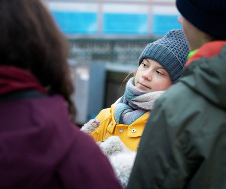 Stockholm, Sweden. 20 December, 2019. 16-year-old Swedish climate activist Greta Thunberg back in Sweden demonstrating on Mynttotget in Stockholm on Fridays. With "protester poodle"のeditorial素材