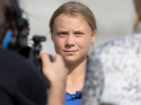 STOCKHOLM, SWEDEN - AUGUST 12, 2021: 18-year-old Swedish climate activist Greta Thunberg demonstrating in Stockholm on Fridays.のeditorial素材