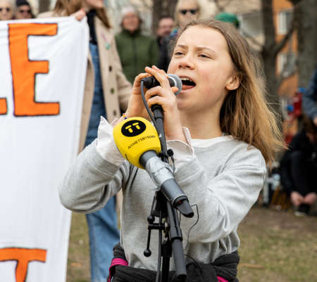 STOCKHOLM, SWEDEN - MARCH 25, 2022: 19-year-old Swedish climate activist Greta Thunberg demonstrating in Stockholm on Fridays.のeditorial素材