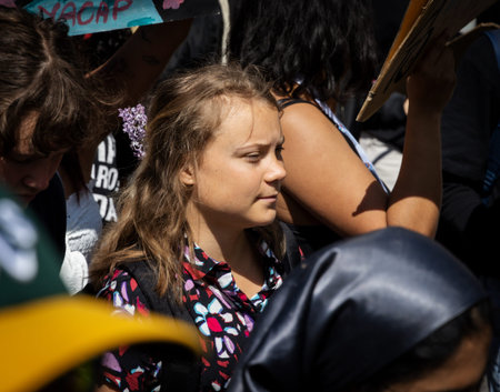 STOCKHOLM, SWEDEN - JUNE 3, 2022: 19-year-old Swedish climate activist Greta Thunberg demonstrating...