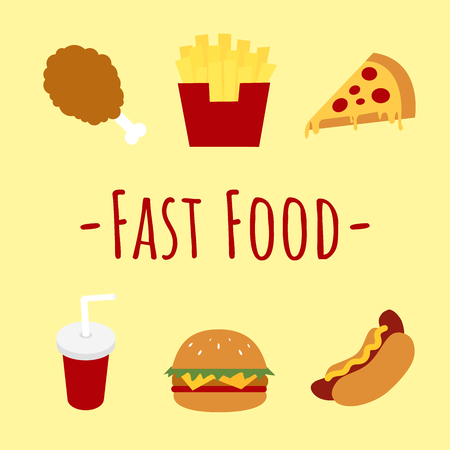Fast Food Vector on yellow background with fried chicken,fries,pizza,soda,hamburger and hot dogのイラスト素材