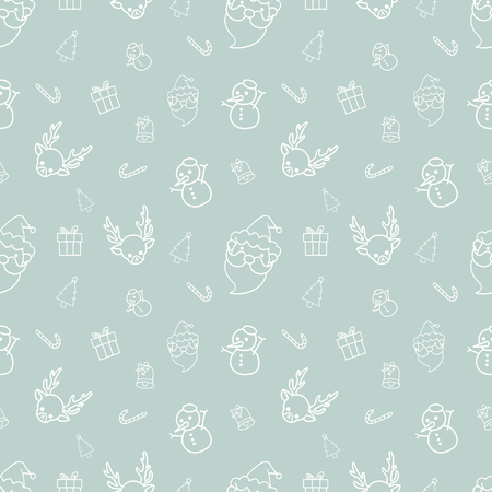 Christmas seamless pattern with santa,reindeer,candy cane,giftbox,bell,tree and snow manのイラスト素材