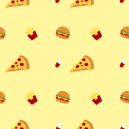 Fast Food seamless pattern on yellow background with frieds pizza soda and hamburgerのイラスト素材