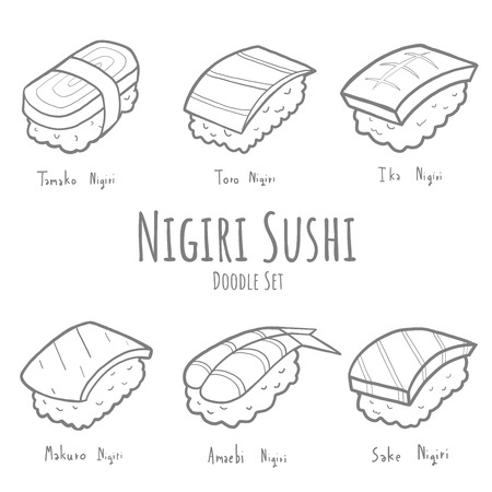 Set of Nigiri sushi in doodle hand drawn sketchのイラスト素材