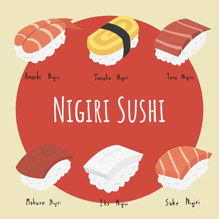 Set of Nigiri sushi on yellow and red backgroundのイラスト素材