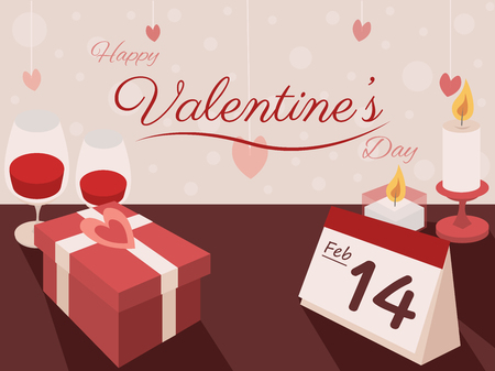 Set of Valentines Day vector gift box,candle,wine and calendarのイラスト素材