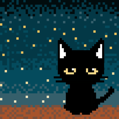 Lonely black cat sit on the ground with night background in pixel artのイラスト素材