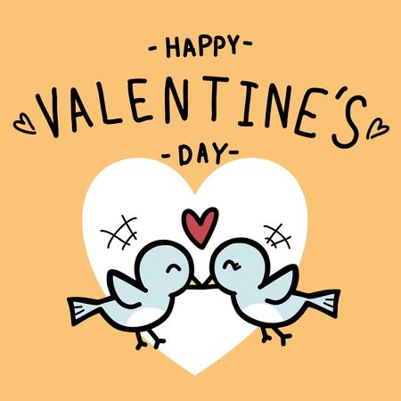 Happy Valentine's Day hand draw text and Two couple love birds kissedのイラスト素材