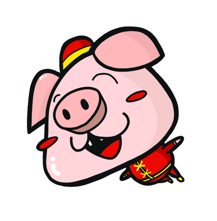 Cute Happy Pig Smiling Face wearing china costume Jumping In Doodle Hand Drawn Styleのイラスト素材