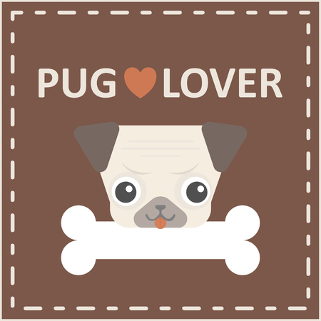 cute happy pug dog head with bone logo on brown backgroundのイラスト素材