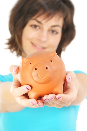 picture of lovely woman with piggy bank の写真素材