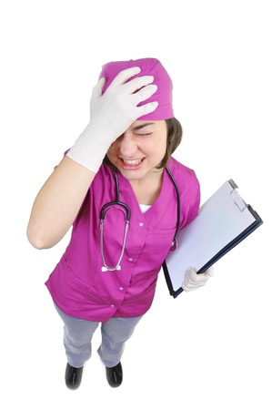 Medical doctor with headache holding her hand to the head,の写真素材