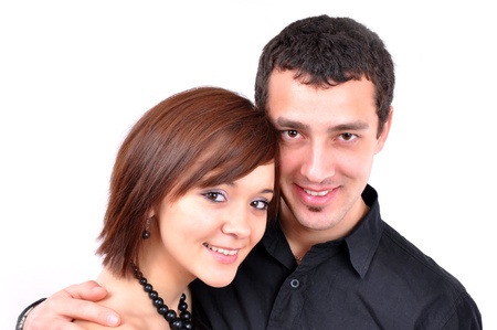 Woman and man posing on a white background の写真素材