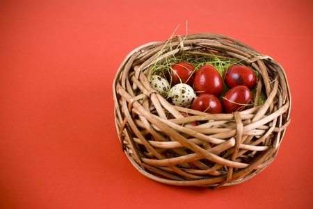 Easter eggs in wicker basket on red backgroundの写真素材