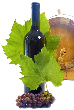 wine bottle and young grape vine branch isolated on a white background の写真素材