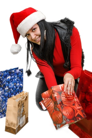Santa girl bear diverse bags,isolated on white の写真素材