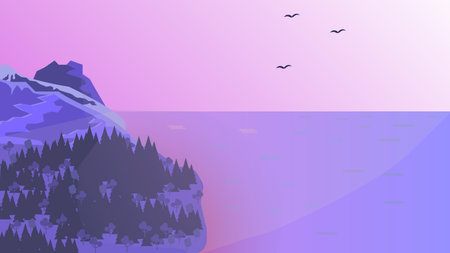 Sunrise in the mountains, in purple tones. Vector illustration.