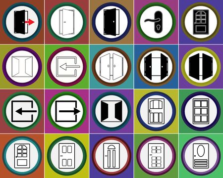 The door icons set in the circle. Black and white flat interior icons. Open and closed doors, entrance into house. Vector eps illustration.のイラスト素材