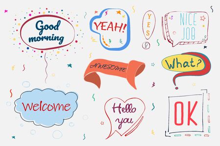 A set of dialog windows of different shapes and contents. Dialogue boxes with words Good morning, yeah, nice job, yes, awesome, welcome, hello you. Bubble boxes on black and white monochrome colours.のイラスト素材