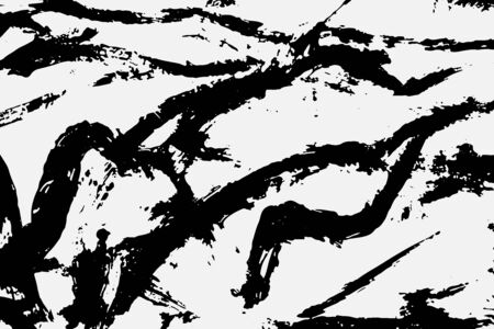 Abstract black white image with long and short intermittent lines made by brush. A monochrome image drawn by hand. Dirty shabby smears of black paint.のイラスト素材