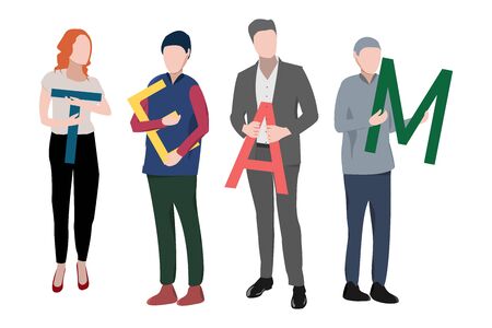 A group of people holds the letters that make up the word team. The office team. Mutual help from everyone.のイラスト素材