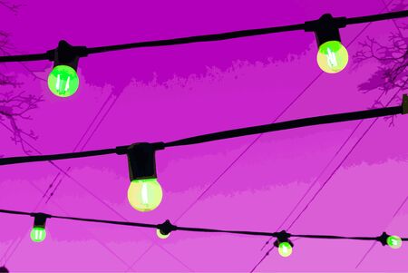 A light bulb against a blue sky. The light bulb hangs on the wires on background. The flashlight shines with a pleasant yellow light.のイラスト素材